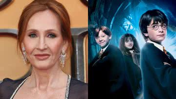 A escritora J.K. Rowling e pôster do primeiro filme de 'Harry Potter' - Getty Imagens e Divulgação / Warner Bros.